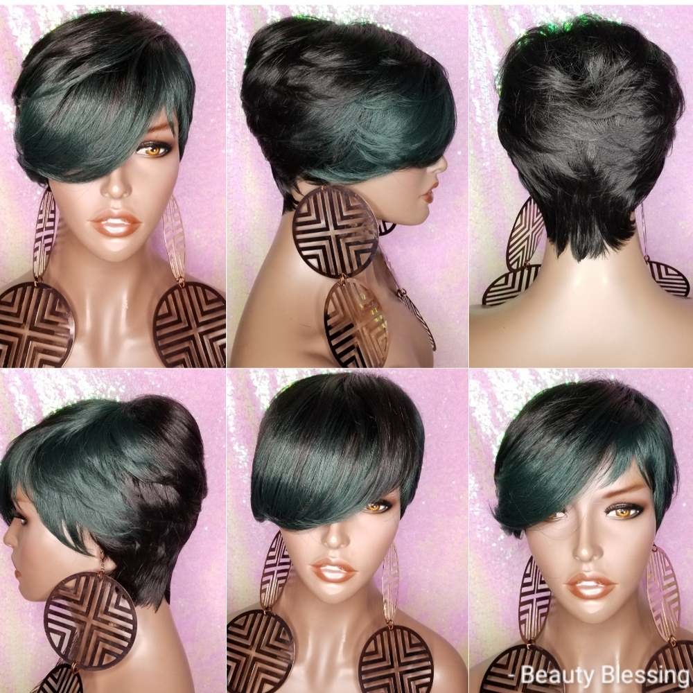 Short Cut Feather Style Full Cap Green Hair Wig